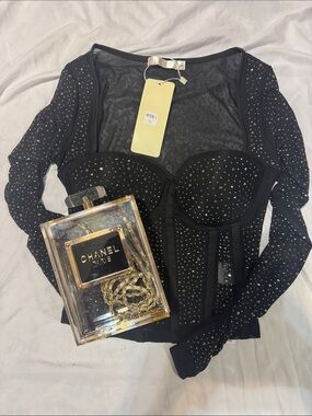 Black Studded Long-Sleeve Blouse with Sheer Insets